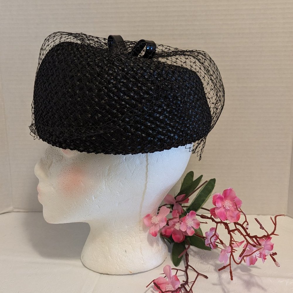 Vintage Black Straw Veiled  Pillbox Hat Vinyl Bow on Top Offset Turban Effect